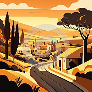 Tuscany rural landscape with road and houses, vector cartoon illustration Generative AI