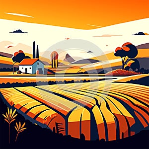Tuscany rural landscape. Vector illustration in flat cartoon style. AI generated