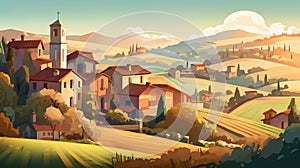 Tuscany rural landscape with village and church. Vector illustration.