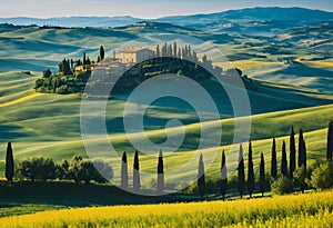 Tuscany, rural, sunset landscape, countryside, farm, white road, cypress trees, green fields, sunlight, clouds, Volterra, Italy,