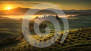 Tuscany Sunrise Overlooking Rural Landscape In Mike Campau Style