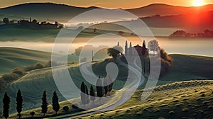 Tuscany Sunrise: A Romantic And Multi-layered Landscape In Andreas Levers\' Style