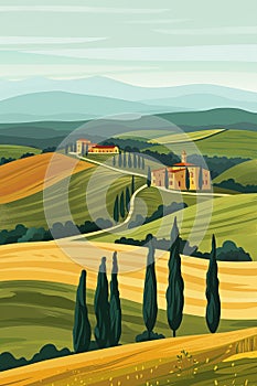 Tuscany travel poster, design with traditional rolling hills, cypresses, rural cottages