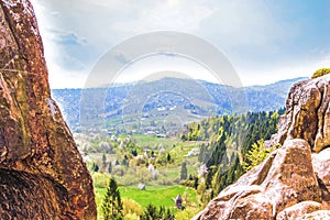 Tustan - old rock fortress city, - mountain Landscape with Panoramic Sky