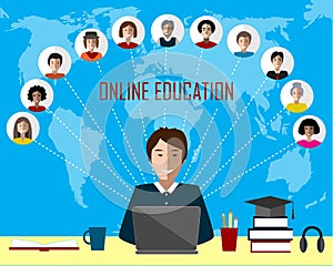 Tutor and online education group on the world map background