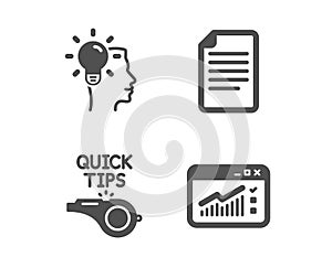 Tutorials, Idea and File icons. Web traffic sign. Quick tips, Professional job, Paper page. Website window. Vector