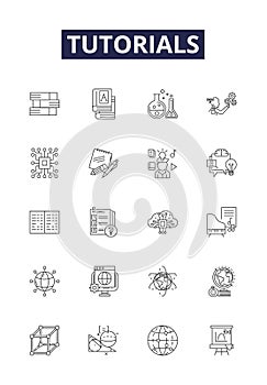 Tutorials line vector icons and signs. Guides, Education, Instructions, Classes, Courses, Demonstrations, Walkthroughs photo