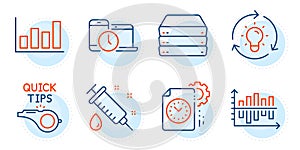 Tutorials, Time management and Servers icons set. Idea, Diagram chart and Medical syringe signs. Vector
