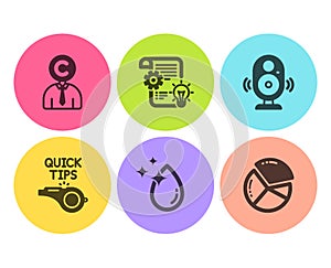 Tutorials, Water drop and Copyrighter icons set. Speaker, Cogwheel and Pie chart signs. Vector photo