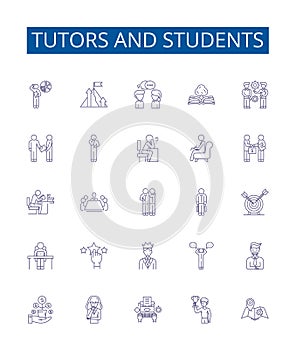 Tutors and students line icons signs set. Design collection of Tutors, Students, Teaching, Learning, Coaching photo