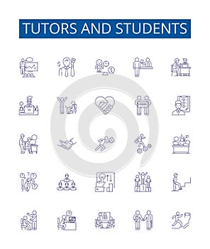 Tutors and students line icons signs set. Design collection of Tutors, Students, Teaching, Learning, Coaching