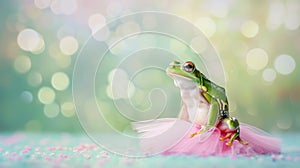 A tutu-wearing green frog set against a pastel background