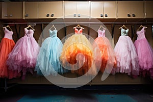 tutus hanging in dressing room, various colors