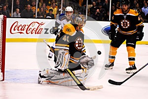 Tuukka Rask makes a save