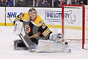 Tuukka Rask makes a save