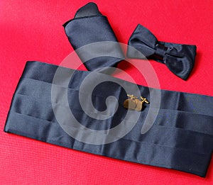 Tuxedo accessories: bow tie, pocket square, cummerbund and cufflinks photo