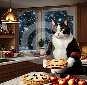 Tuxedo Cat Holding a Christmas Pie