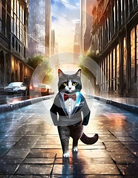 A tuxedo cat, wearing a tuxedo on the way to the opera.
