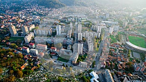 TUZLA, BOSNIA AND HERZEGOVINA - Oct 10, 2018: Dron landscape of Tuzla city