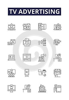 Tv advertising line vector icons and signs. Advertising, Broadcast, Commercials, Ads, Media, Digital, Audience, Brand