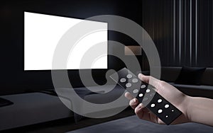 Tv with blank screen and remote control in hand. Copy space, add text, logo, photo, video. Generative Ai