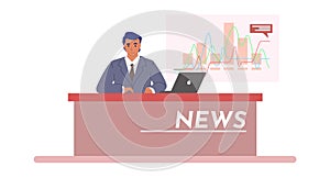 Tv breaking news with anchorman in studio, flat vector illustration