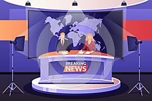 TV breaking news broadcasting, vector illustration. Live events, interview and media entertainment concept