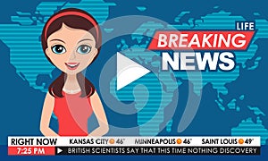 TV breaking news female in red dress in a studio