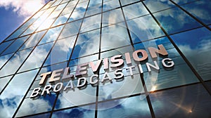 TV broadcast glass mirrored building with mirrored sky 3d illustration