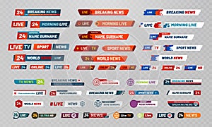 Tv broadcast title. Television broadcasting channels banners, show titles and news live video banner vector set