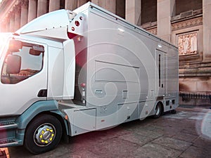 TV broadcast truck parked near the Walker art gallery in Liverpool