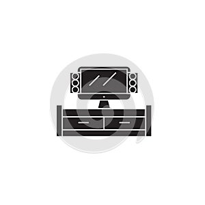 Tv cabinet black vector concept icon. Tv cabinet flat illustration, sign