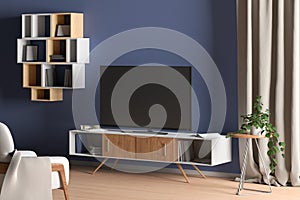 TV on the cabinet in modern living room on blue wall background