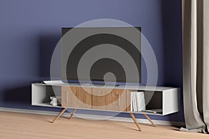 TV on the cabinet in modern living room on blue wall background