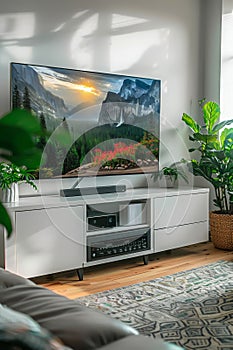 TV cabinet under the TV: style and practicality in the interior. Created by AI