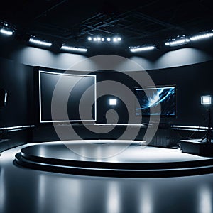 TV or Cable New Live Studio Set Interior, Empty News Or Show Setup, Round With Futuristic Elements and Spot Lights, Led Strips