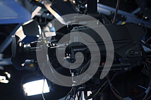 Broadcast television studio camera and crane camera in news studio room
