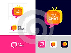TV chat logo. Chat emblem. Speech Bubble and funny TV with letters with noise (grain) texture.