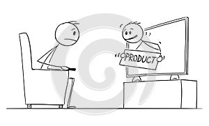 TV Commercial Advertising Product. Vector Cartoon Stick Figure Illustration