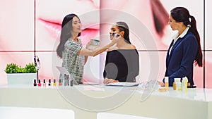 TV Commercial Infomercial: Female Host, Beauty Makeup Artist uses Blush Contour Palette on Beautiful photo