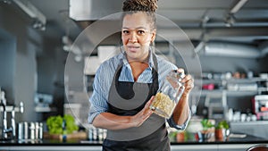 TV Cooking Show Restaurant Kitchen: Black Female Chef Talks, Teaches How to Cook Food. Online Video