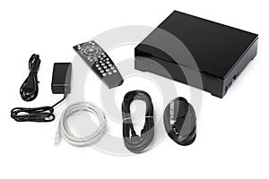 Tv decoder and remote control isolated on white background. Receiver