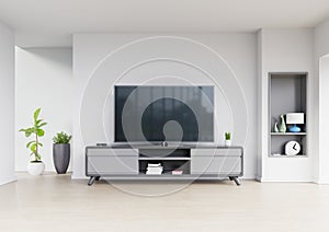 Tv design on cabinet interior modern room with plants,shelf,lamp on white wall.