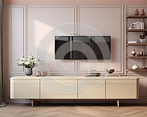 Tv and display cabinet with wooden floor and pastel cream wall, minimalist and vintage living room interior, flat illustration