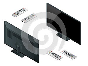 TV flat screen lcd, plasma realistic vector illustration, tv mock up. Black HD monitor mockup. Modern video panel black