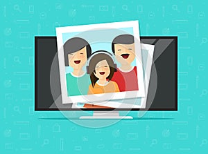 TV flat screen with photo cards vector illustration, flat cartoon computer lcd monitor or led television display showing