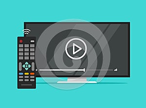 TV flat screen watching video film and remote control, flat cartoon television display and movie or film on screen clipart