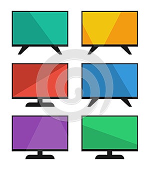 TV icon set, simple television design,  modern flat screen with shadow, isolated on white background, vector illustration.