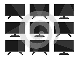 TV icon set, simple television design, monitor with long shadow, modern flat screen, black isolated on white background, vector il