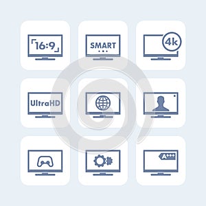 TV icons set, aspect ratio, 4k screen, ultra hd